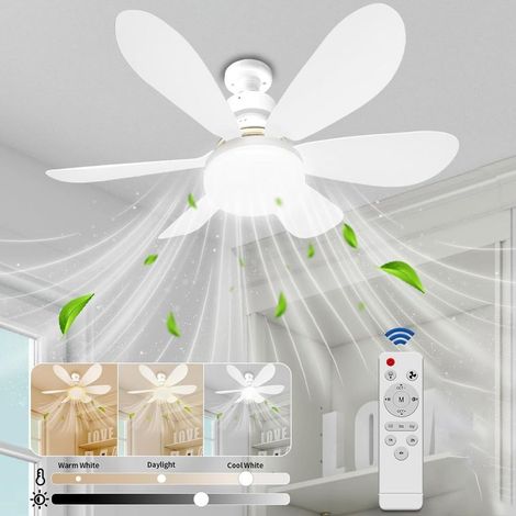 Ventilateur de Plafond avec Lumière et Telmmande, 52CM Petit Dimmable Ventilateur Plafond LED avec Douille E27, 6 Pales, 3 Vitesses,Timing (1/5)