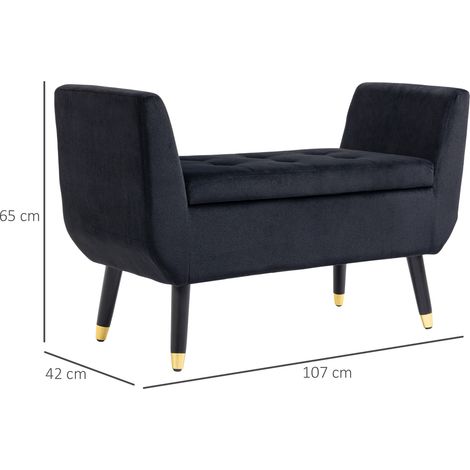 Banc de rangement avec accoudoirs, banquette capitonnée aspect velours, coffre de rangement avec pieds en bois, banc coffre pour salon, chambre, entrée, 107 x 42 x 65 cm, noir (1/5)