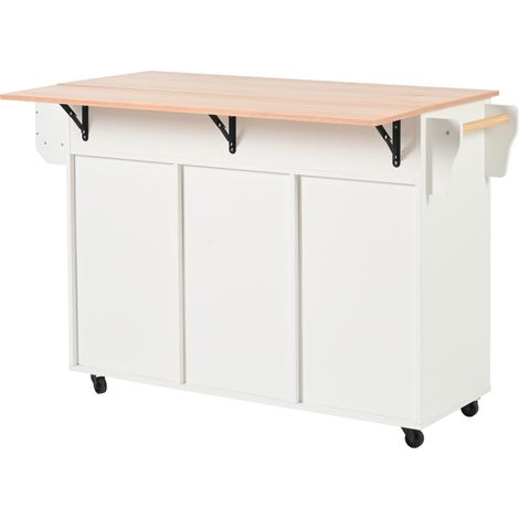 Carrito de cocina, 139 x 46 (71) x 91,5 cm, blanco, tablero plegable, ruedas, espacio de almacenamiento, acabado imitación madera, multifuncional (1/5)