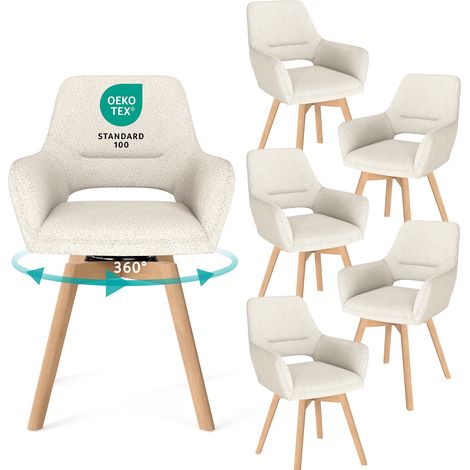 LEWE Lot de 6 chaises de salle à manger en chenille, fauteuil pivotantes à 360°, Chaise ergonomique avec accoudoirs, bois massif, Beige