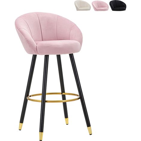 Sgabello bar cucina in velluto e gambe in legno nero e dorato h80cm Prague - Rosa (1/5)