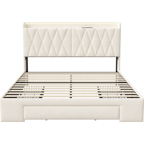 Letto matrimoniale 160x200 cm, letto per adulti con cassetti e rete a doghe e testiera, letto imbottito in velluto, beige (1/5)