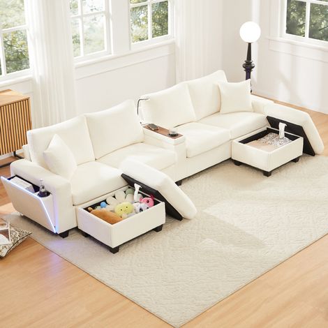 U-Ecksofa aus beigem Cord, 2 Hocker, Leselampe, USB/Type-C HAVRYA (1/5)