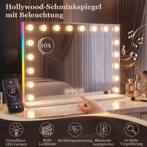 Miroir de beauté hollywoodien LED 18 ampoules dimmable, 3 teintes RGB, enceinte Bluetooth intégrée, loupe x10, blanc
