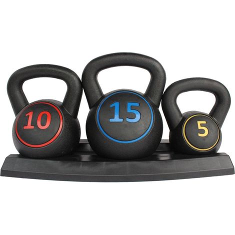Set de kettlebells de goma negras 5/10/15 lb con asa antideslizante (1/3)