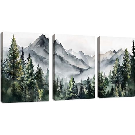 Set of 3 Green Views Picture Wall Decoration Living Room, Abstract Mountain Forest Landscapes Ink Print on Canvas Picture on Canvas Paintings on Canvas Wall Decoration for Bedroom 30 x 40 cm x 3 (1/5)