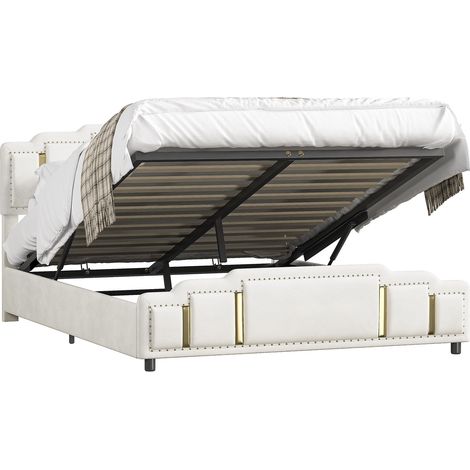 Hydraulisches Stauraumbett 160 x 200 cm aus beigem Samt mit LED und goldenen Details MODENUIT (1/5)