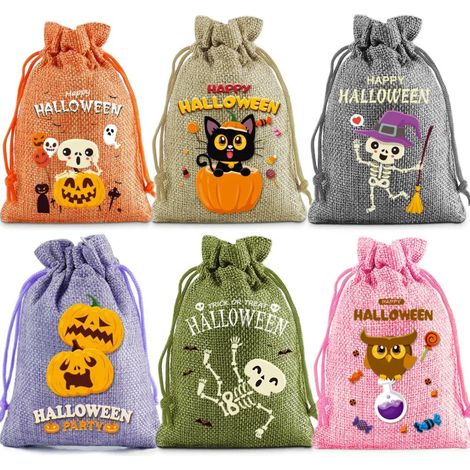 48 sacs cadeaux à cordon en toile de jute pour Halloween - Pochettes à bonbons avec de jolis motifs effrayants pour les cadeaux de fête, les décorations et les présents saisonniers (1/5)
