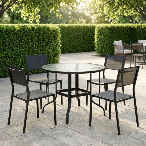 Table de jardin ronde noire en métal et verre trempé, avec trou pour parasol, diamètre 96,5 cm, hauteur 71 cm