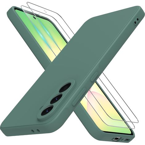 Coque pour Samsung Galaxy A56 5G avec 2 Verre trempé,Silicone Liquide Housse Étui de Protection Galaxy A56 Microfibre Anti-Rayures Coque Galaxy A56 5G (6.7") - Vert foncé (1/5)