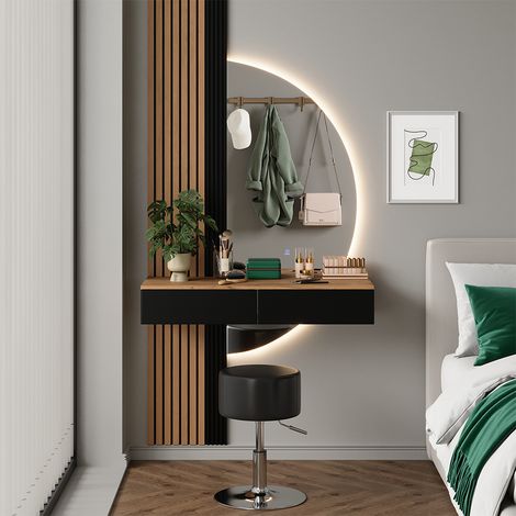 Coiffeuse Melina, Chêne/noir, 100cm avec miroir LED et tabouret, Vicco (1/5)