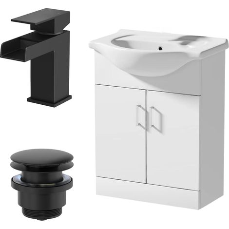 650mm White Gloss Bathroom Vanity Unit Freestanding Black Waterfall Tap & Waste (1/5)