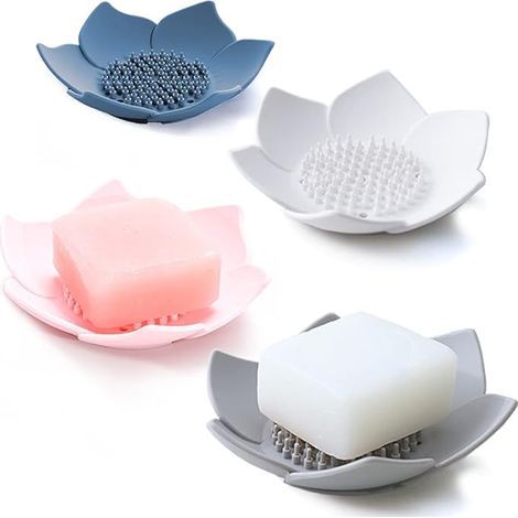 Silikon-Seifenschale mit Abflusssystem. Seifenschale für Bad oder Dusche. Seifenablage für die Küchenspüle. Blumenförmige Seifenschale für Waschtisch oder Badewanne. (4er-Set) (1/5)