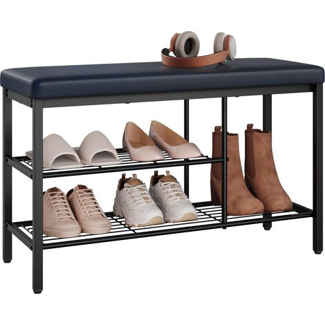 WOLTU Panca porta scarpe in similpelle con ripiano portaoggetti per corridoi/ingressi/soggiorni, 80x30x50 cm, nero