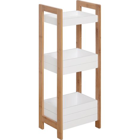 Beyamis Badezimmerregal mit 3 Ablagen, Aufbewahrungsorganizer aus Bambus für Küche, Wohnzimmer und Waschküche, 27,5 x 20,8 x 74 cm, Weiß und Naturfarben
