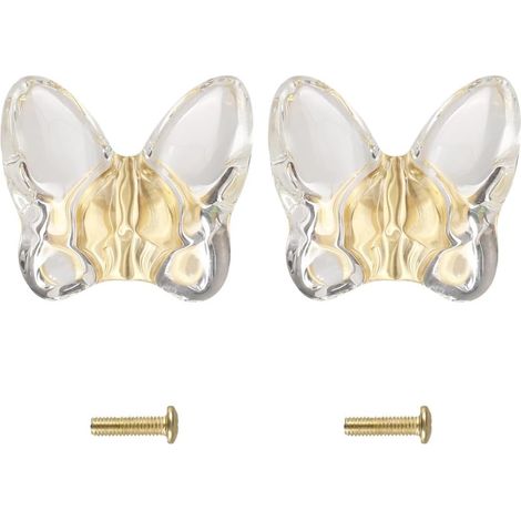 Lot de 2 boutons transparents lapin/papillon, poignées laiton pour armoires et commodes. (1/5)