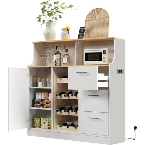 CHICFURN Aparador bar 120x40x121 cm MDF blanco y natural con LED, enchufe integrado y botellero (1/5)