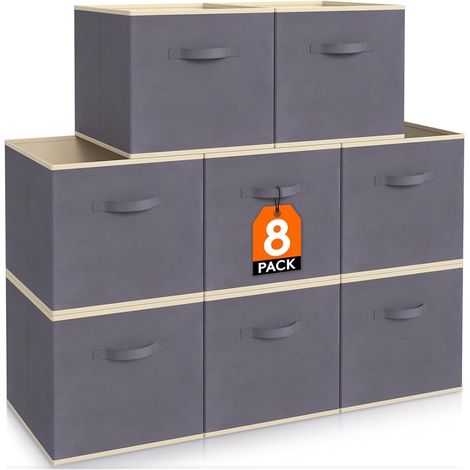 Lot de 8 Cubes de Rangement Pliables, Panier en Tissu, Caisse, Boites Rangement avec Poignées, Organisateur pour Vetements, Jouets, 26,5 x 26,5 x 28 cm, 18 L, Gris (1/5)