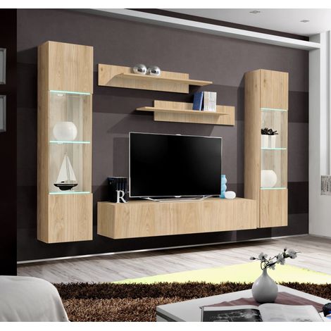 Ensemble meuble TV mural Fly A3 avec vitrine et éclairage LED - Bois MDF chêne Hickory Jackson - 240 x 170 x 40 cm - Livraison gratuite