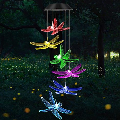 Venta al por mayor de campanillas de viento iluminadas, alimentadas por energía solar, con motivos de colibríes y mariposas, bola de castaño, pájaro rojo, LED, para jardín, fiestas y libélulas. (1/5)
