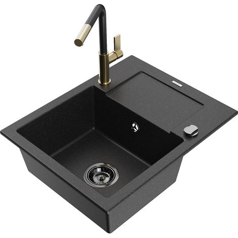 Mexen Enzo lavello in granito 1 vasca con scolapiatti e rubinetto cucina Flora, nero/argento metallizzato - 6506-73-670401-57-B (1/5)