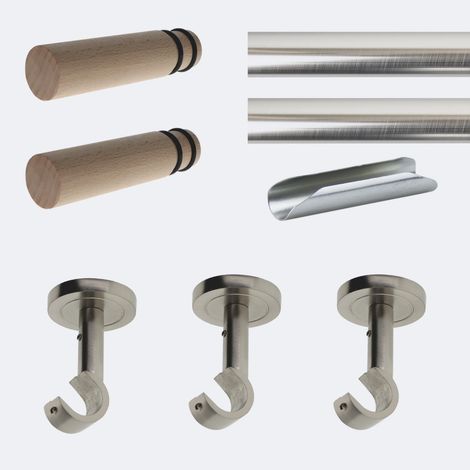 Kit de tringle à rideaux Nickel Mat 300cm Diam.20mm Embout Cylindre Bois - Fixation Plafond - Boulet (1/3)