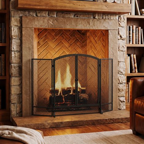Pare-feu de Cheminée Pliable 3 Panneaux, 2 Portes, Style Moderne, Pare-Étincelles Cheminée en Métal, 122x10x75cm, Noir (1/5)