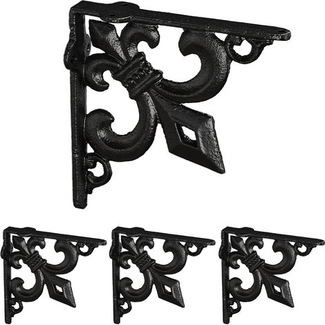 4 x Regalwinkel antik, Regalträger Gusseisen, Lilien Ornament, Vintage Wandwinkel für Regalboden, Regalkonsole, schwarz