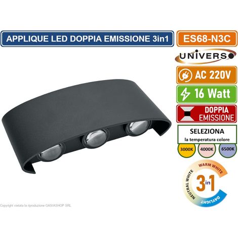 APPLIQUE LAMPADA LED DA MURO NERA DOPPIA EMISSIONE LUMINOSA 16W WALL LIGHT NERA CON 6 LED SMD IP65 (1/5)