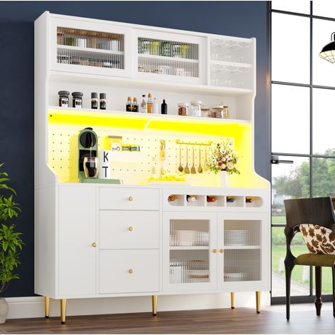 Aparador alto de cocina MDF y vidrio blanco con LED USB, estantes ajustables, botellero y colgador de copas 145x39x171 cm (1/5)