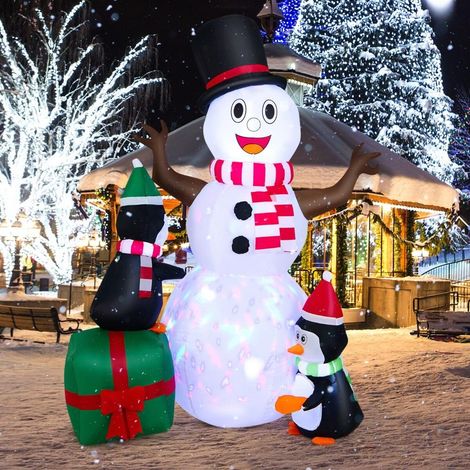 Ambiance de Noël lumineuse - bonhomme de neige gonflable 180 cm, LED intégrées, avec pingouins pour extérieur (1/5)