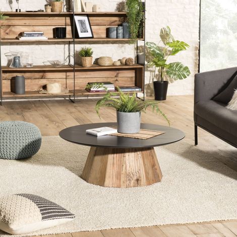 Macabane – Table basse ronde 90x90cm en pin recyclé – Plateau noir – Piétement naturel – Écoresponsable avec imperfections authentiques (1/5)