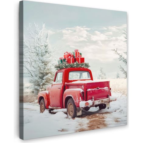 TABLEAU SUR TOILE Voiture - Rouge - Cadeaux - Hiver - Neige - Noël Tableau Chambre Adulte 90x90 cm