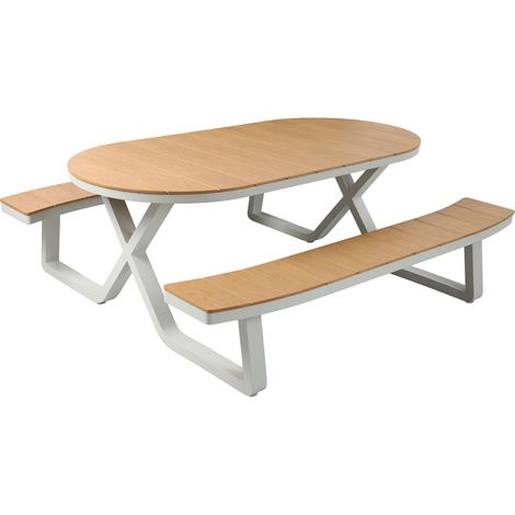 Axi Jax Table De Pique-Nique, Ovale, Aspect Teck Pour 6 Personnes, Beige Sable  Meuble De Jardin Avec Bancs Intégrés, Aluminium Et Polywood  Ensemble Pour L'Extérieur  200 X 190 X 75 Cm