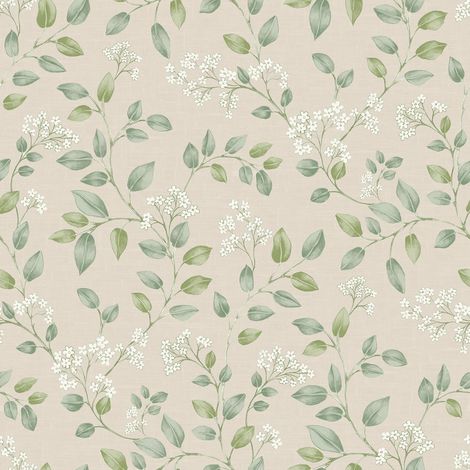 Grandeco Forget Me Not Neutral Green Wallpaper Leaf Trail Classic Feature Wall
