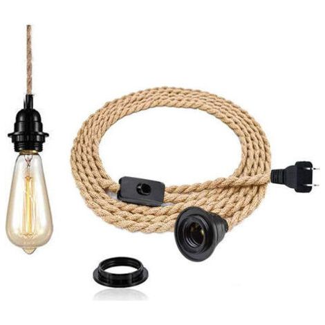Vintage Lustre corde chanvre de 4,5 mètres - Rétro Douille E27 avec Interrupteur Lampe Suspension Corde (1/4)