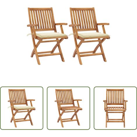 Teakholz -  Gartenstühle 2 Stk. mit Cremeweißen Kissen Teak Massivholz (1/5)