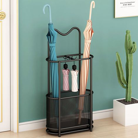 Sinbinta – Porte-parapluie en métal noir – Autoportant avec crochets – Conception creuse pour ventilation – Capacité 12 parapluies – 30 x 15 x 60 cm