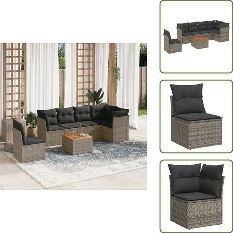 7-tlg. Garten-Sofagarnitur mit Kissen Grau Poly Rattan - Gartenmöbel Set - PE-Rattan Möbel - Outdoor Sofa - Lounge Set - Esstisch (1/5)