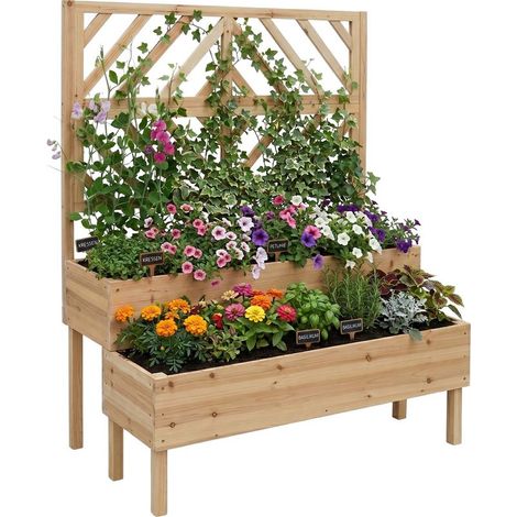 Jardinière avec treillis, H x L x P : 135 x 109 x 62 cm, bois, 2 bacs & brise-vue, surélevée, coloris naturel
