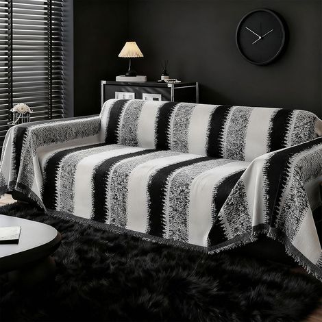 Housse de canapé noire en chenille jacquard avec pompons, moderne, 180x381 cm