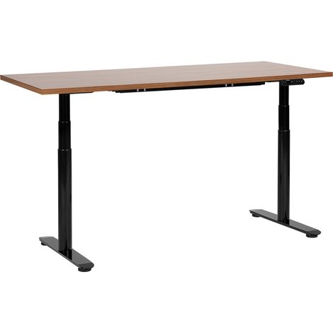 Escritorio de altura regulable eléctrico diseño moderno patas redondas 160 x 72 cm tablero madera oscura soporte de acero negro DESTINAS