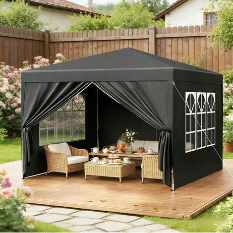 Cenador plegable de 3x3 m, regulable en altura (250/254/258 cm), con paneles laterales, 2 puertas con cremallera, color antracita Oxford. (1/4)