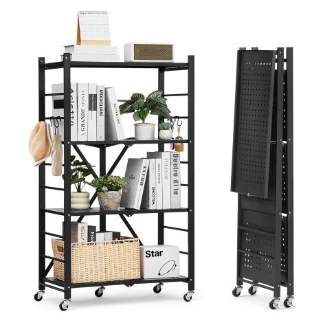 Estante de Almacenamiento Plegable de 4 Niveles con Ruedas 66 x 33 x 117 cm Estantería Metálica Móvil Resistente, sin Necesidad de Ensamblaje, Organizador para Garaje, Cocina, Sótano, Negro (1/5)