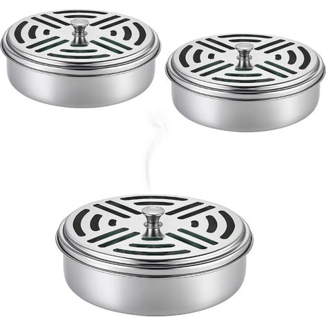 3 Bruciatori di incenso e zampironi rotondi - Misura 14x4 cm - Portazampironi in metallo con coperchio e raccogli cenere per spirali antizanzare (1/5)