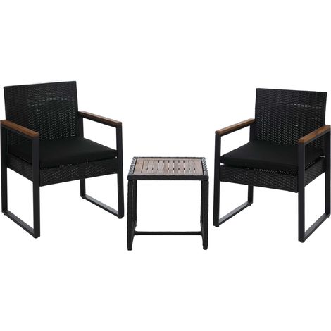 Ensemble en polyrotin HWC-P74, salon de jardin 2x chaises et table, bois d'acacia, tissu 180 g/m2 - (1/5)