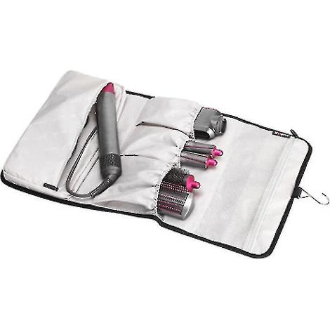 Sac de rangement compatible avec les accessoires du styler Dyson Airwrap, comprenant plusieurs pochettes et un crochet de suspension. (1/3)