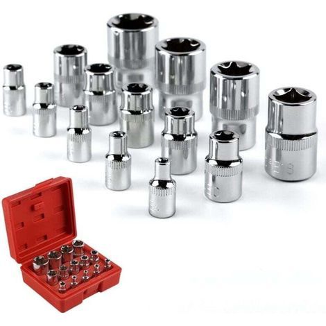 Juego de 14 llaves de vaso Torx hembra en forma de estrella, de acero Cr-V, 3 tamaños: 1/4", 3/8", 1/2", con práctico estuche. (1/4)