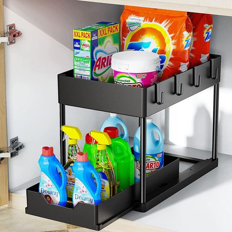 1PCS 2 Tier Under Sink Organizer with Hooks - Versatile Bathroom and Kitchen Storage(No Cups)） (1/5)