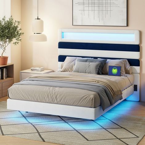 POCKETPOP Struttura Letto Matrimoniale 140 x 190 cm, Telaio Flottante con Illuminazione LED, Testata Alta, USB, Stile Moderno, Beige